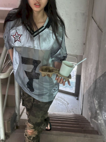 Satin Patchwork Street Oversize Jersey T-Shirt【s0000008498】