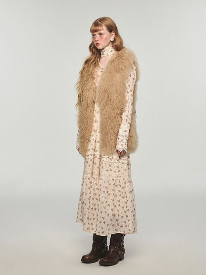 Retro bear floral lace waist long V-neck dresses【s0000004741】