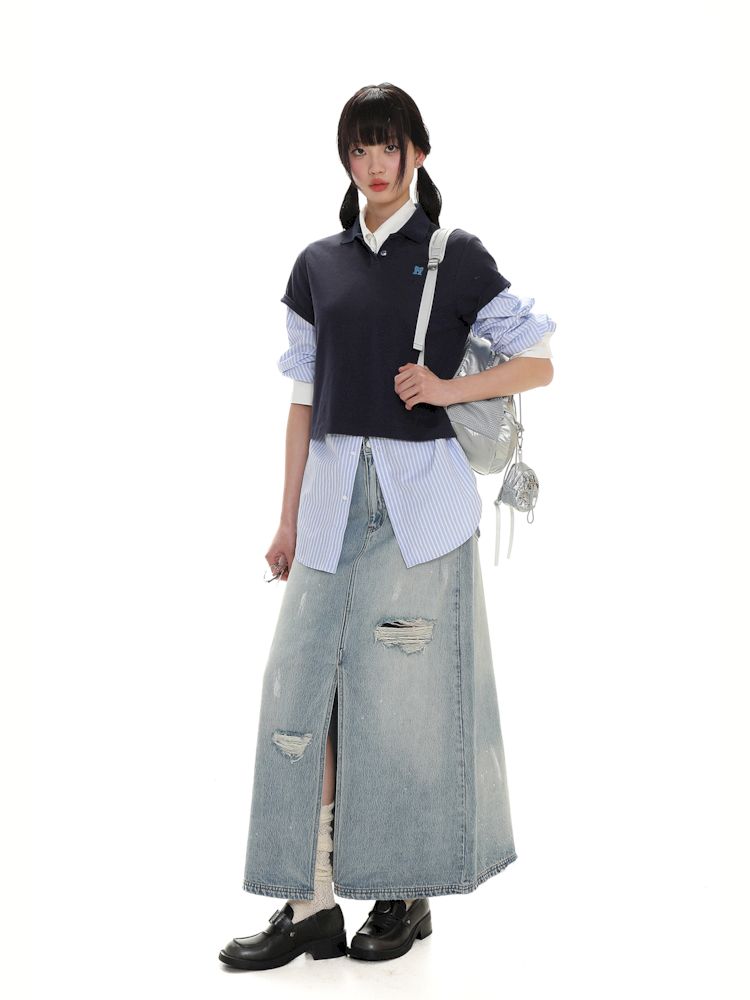 Butterfly M Embroidery Hole Breaking Short Sleeve Polo Shirt【s0000008659】