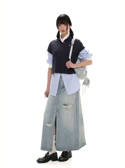 Butterfly M Embroidery Hole Breaking Short Sleeve Polo Shirt【s0000008659】