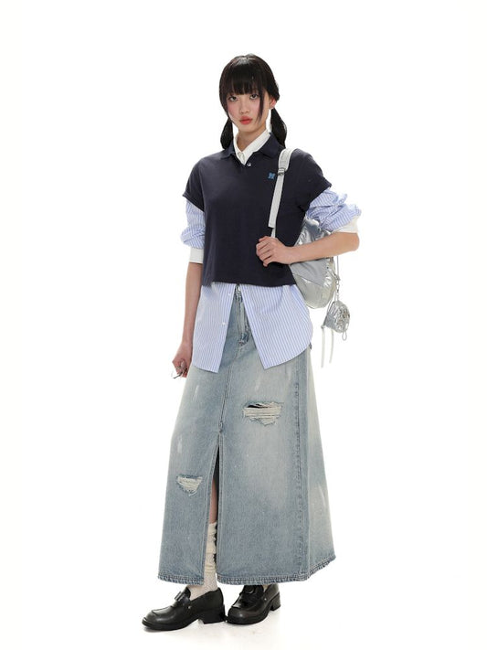 Butterfly M Embroidery Hole Breaking Short Sleeve Polo Shirt【s0000008659】