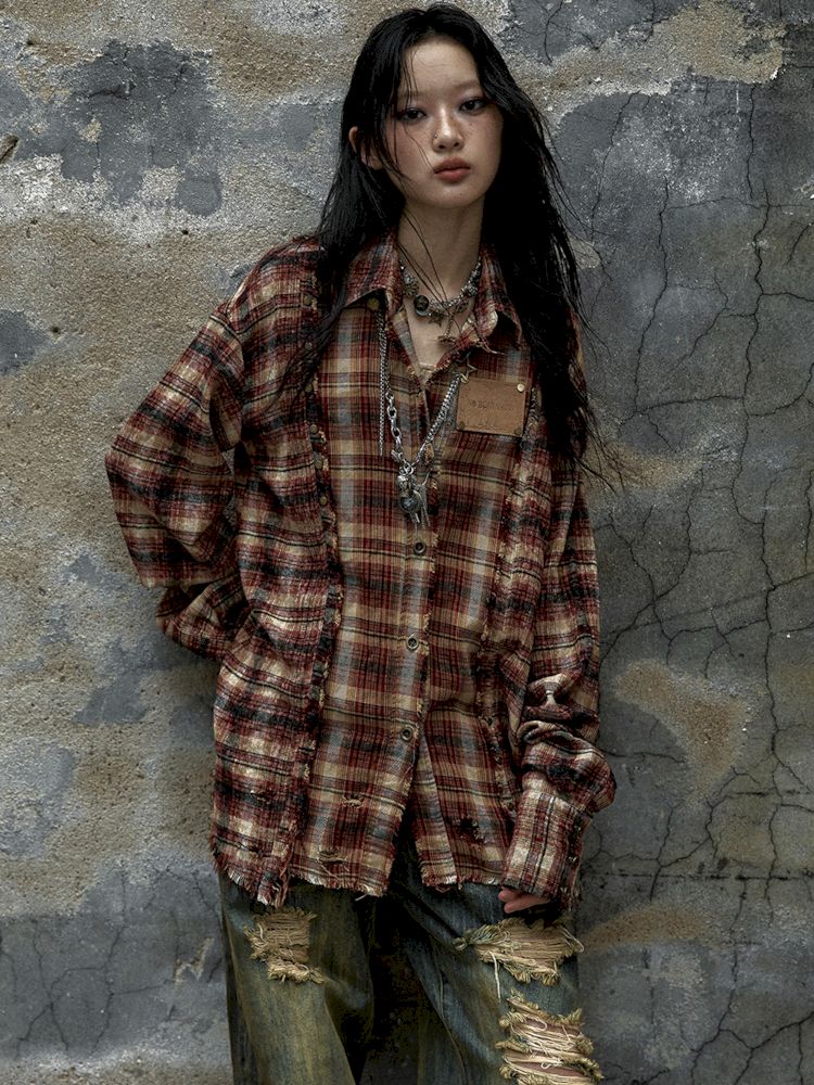 Old washed color collision plaid shirt【s0000009754】