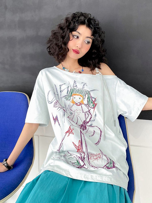 Roll Zone Painter" Off-shoulder Short Sleeve T-Shirt【s0000008870】"