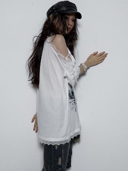 Spliced Lace Strapless Loose Slim Short Sleeve T-Shirt【s0000009383】