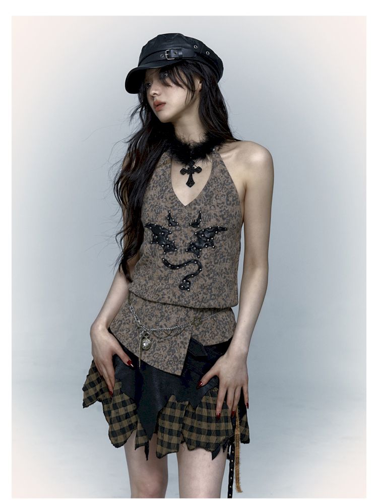 Embroidered Leopard Print Hanging Neck Vest Camisole【s0000009009】