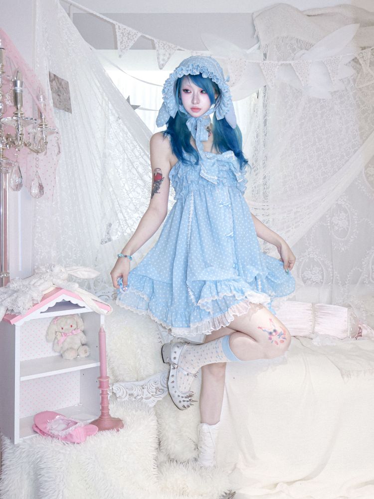 Polka dot strapless dress/chiffon bow jacket