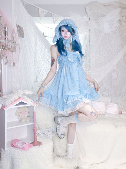 Polka dot strapless dress/chiffon bow jacket