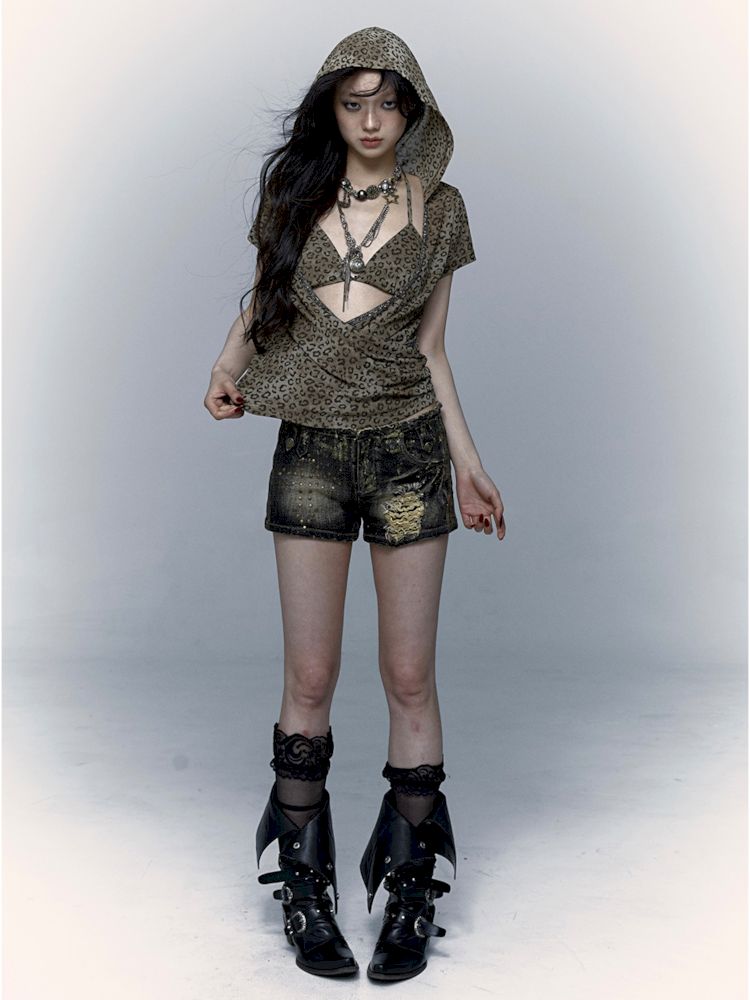 metallic leopard print hooded T-shirt