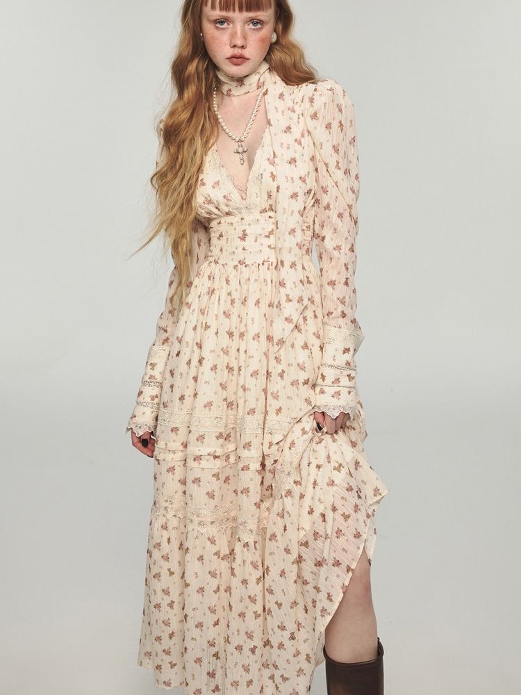 Retro bear floral lace waist long V-neck dresses【s0000004741】