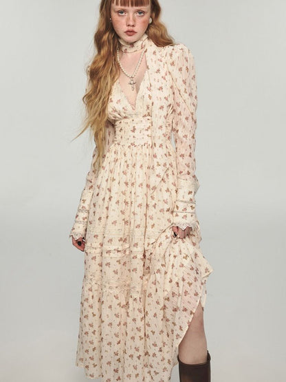 Retro bear floral lace waist long V-neck dresses【s0000004741】