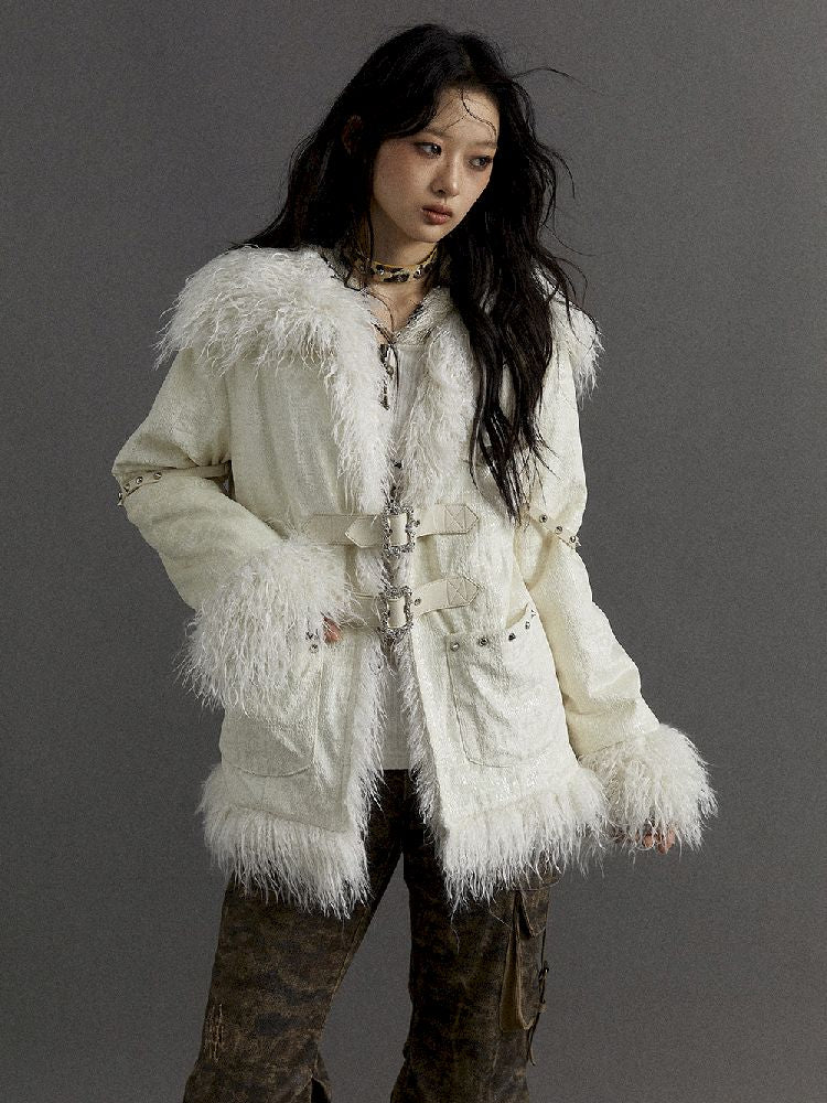 white lapel splicing fur coat
