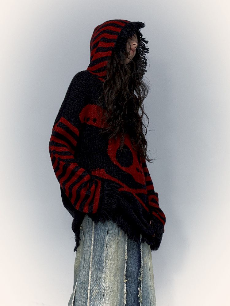 Skull rabbit loose knit hooded sweatshirt【s0000005008】