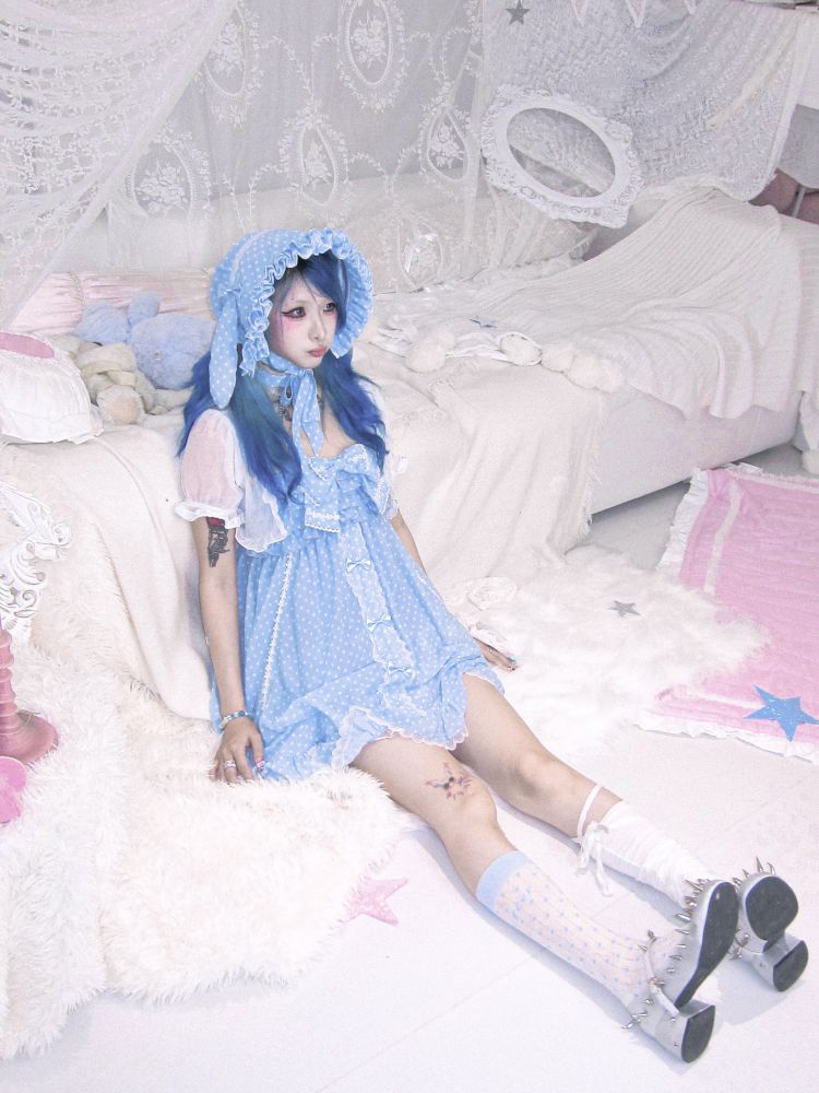 Polka dot strapless dress/chiffon bow jacket