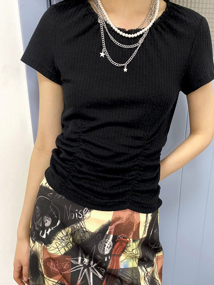 Round Lace Neck Jacquard Pleated Short Sleeve T-Shirt【s0000008850】