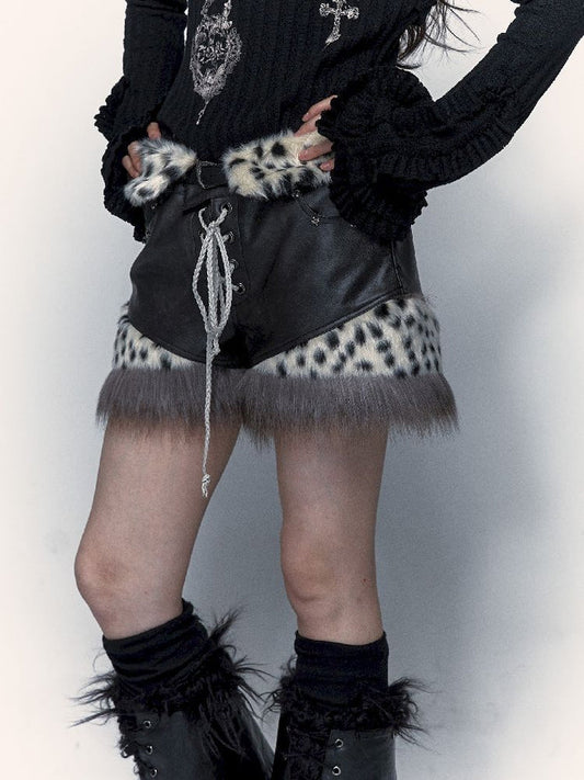 leopard print stitching leather shorts