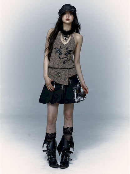 Embroidered Leopard Print Hanging Neck Vest Camisole【s0000009009】