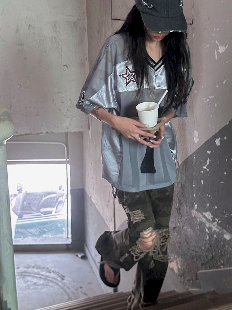 Satin Patchwork Street Oversize Jersey T-Shirt【s0000008498】