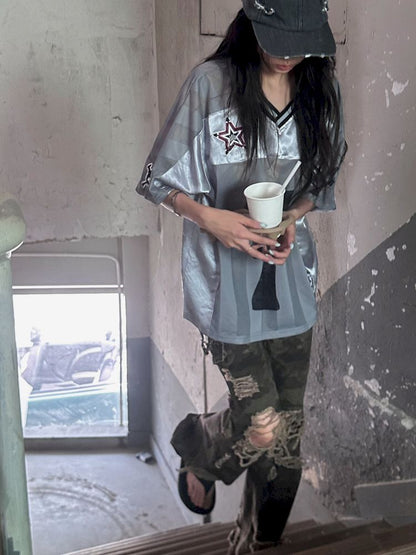 Satin Patchwork Street Oversize Jersey T-Shirt【s0000008498】