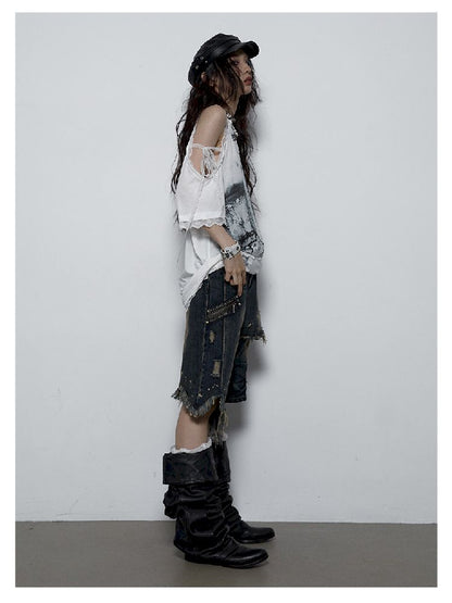 Spliced Lace Strapless Loose Slim Short Sleeve T-Shirt【s0000009383】