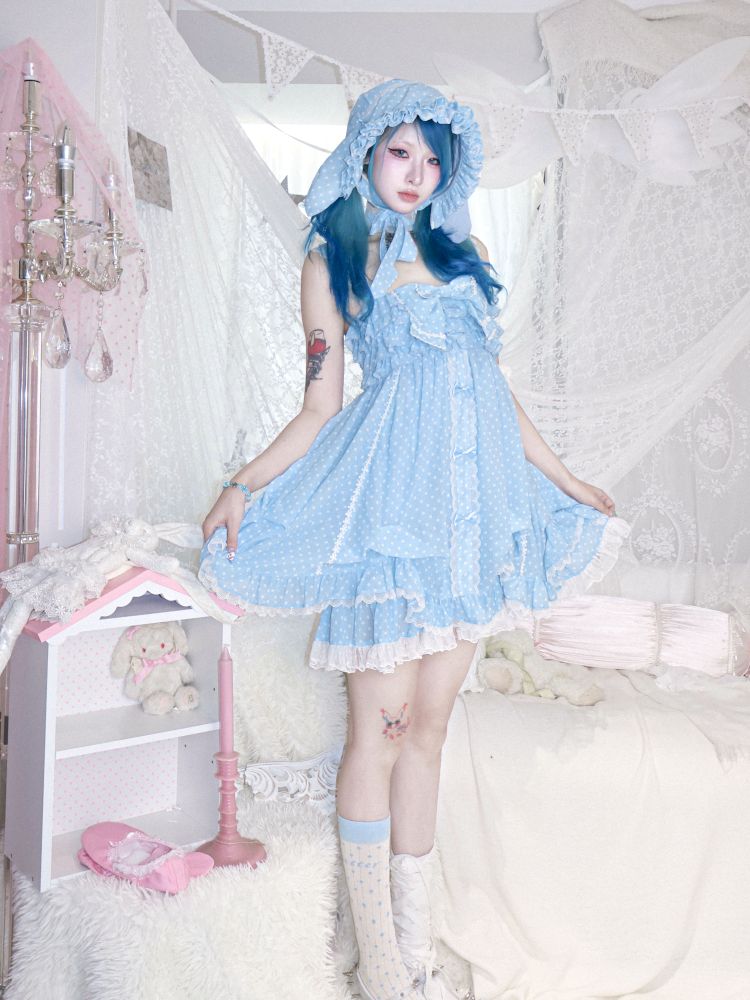 Polka dot strapless dress/chiffon bow jacket