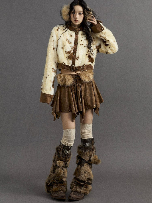 furry patchwork A-line irregular skirt