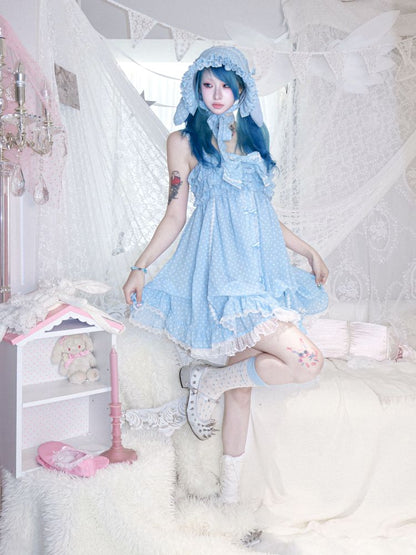 Polka dot strapless dress/chiffon bow jacket