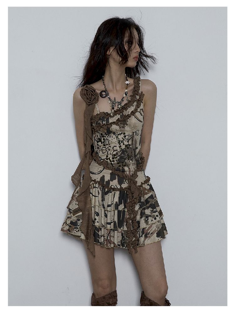 Punk Patchwork Slung Halter Backless Printed Puffy Cake Dress【s0000009386】