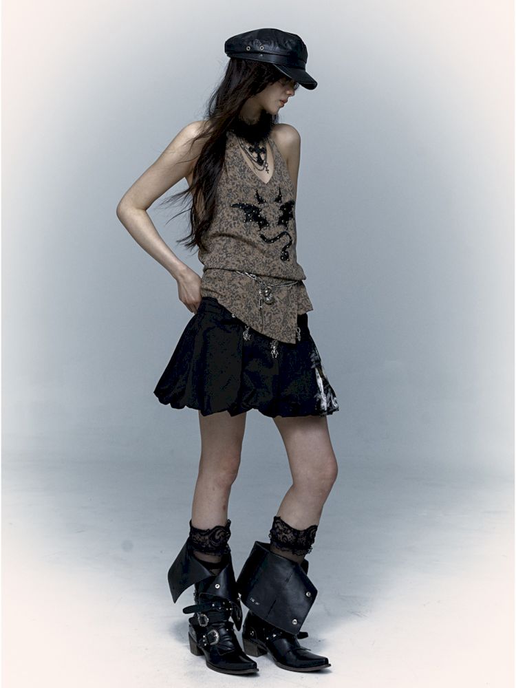 Embroidered Leopard Print Hanging Neck Vest Camisole【s0000009009】