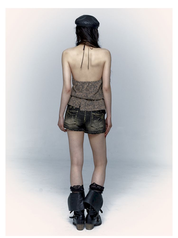 Embroidered Leopard Print Hanging Neck Vest Camisole【s0000009009】