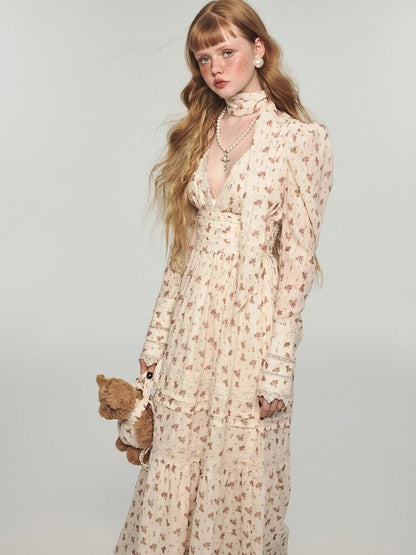 Retro bear floral lace waist long V-neck dresses【s0000004741】