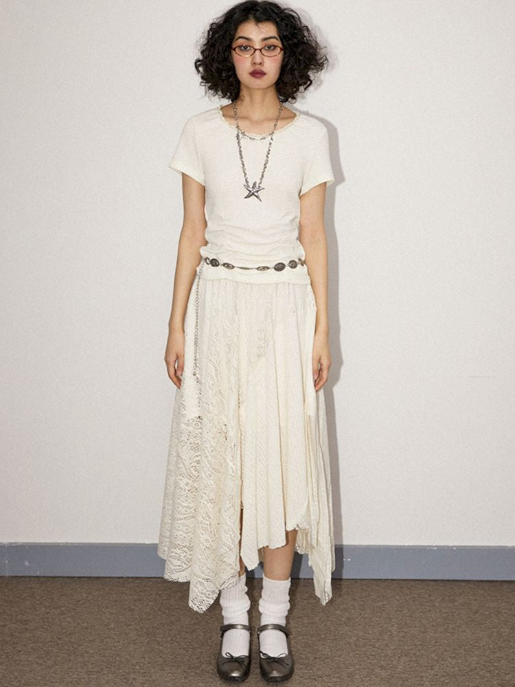 Round Lace Neck Jacquard Pleated Short Sleeve T-Shirt【s0000008850】