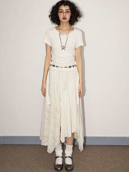 Round Lace Neck Jacquard Pleated Short Sleeve T-Shirt【s0000008850】