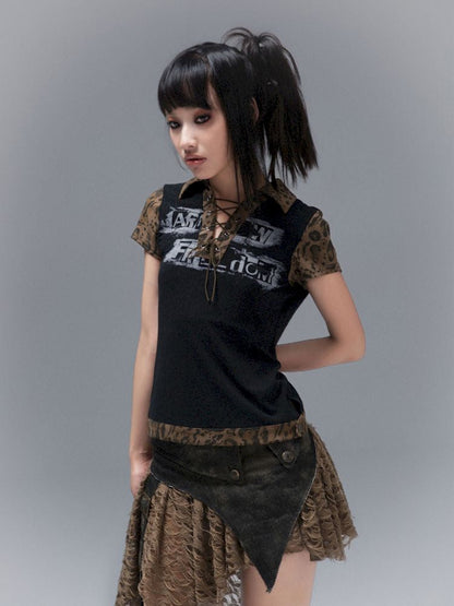 Polo Neck Collision Color Short Sleeve Top【s0000008468】