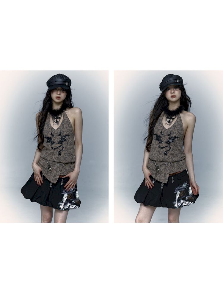 Embroidered Leopard Print Hanging Neck Vest Camisole【s0000009009】