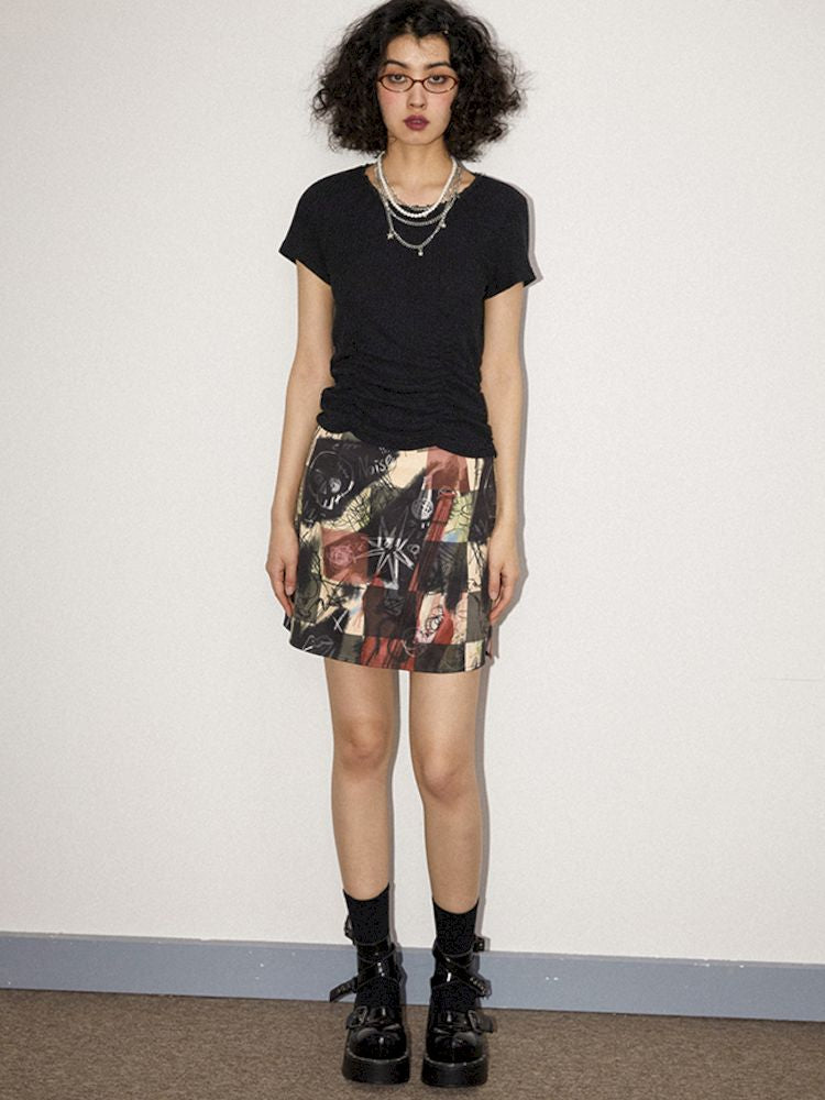 Round Lace Neck Jacquard Pleated Short Sleeve T-Shirt【s0000008850】