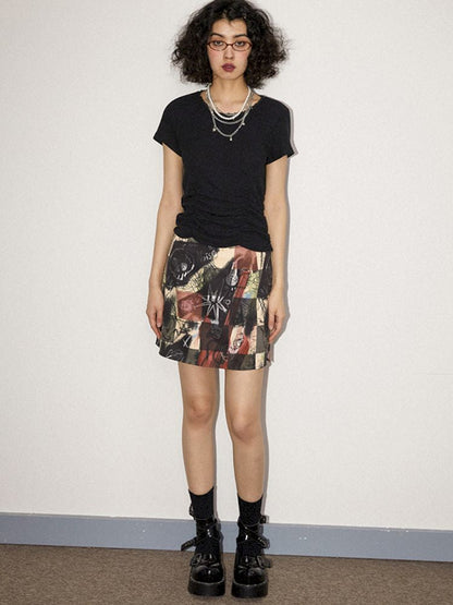 Round Lace Neck Jacquard Pleated Short Sleeve T-Shirt【s0000008850】