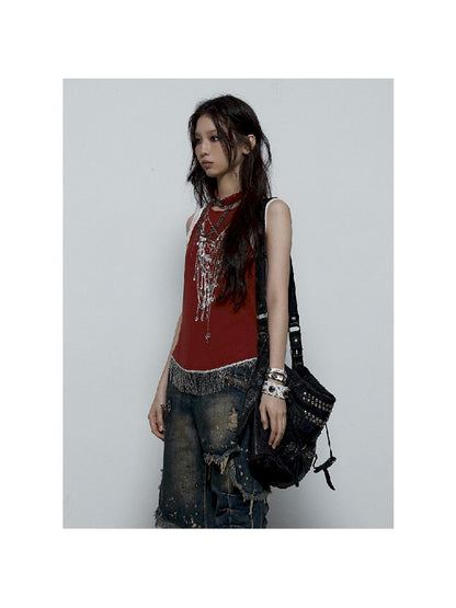 Fake Two Piece Clashing Fringe Patchwork Vest【s0000009389】