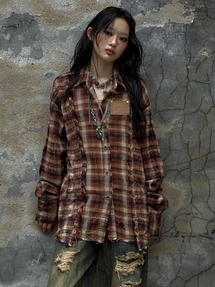 Old washed color collision plaid shirt【s0000009754】