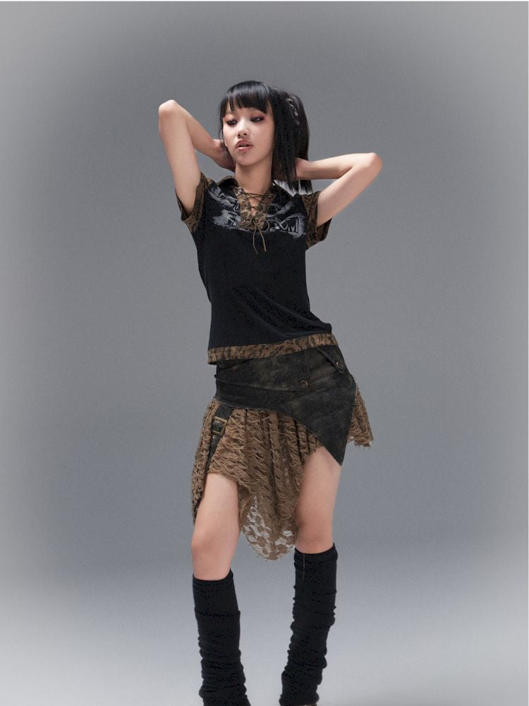 Polo Neck Collision Color Short Sleeve Top【s0000008468】