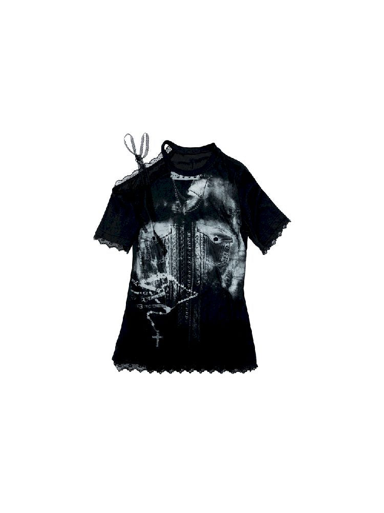 Spliced Lace Strapless Loose Slim Short Sleeve T-Shirt【s0000009383】