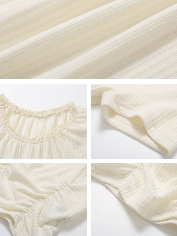 Round Lace Neck Jacquard Pleated Short Sleeve T-Shirt【s0000008850】