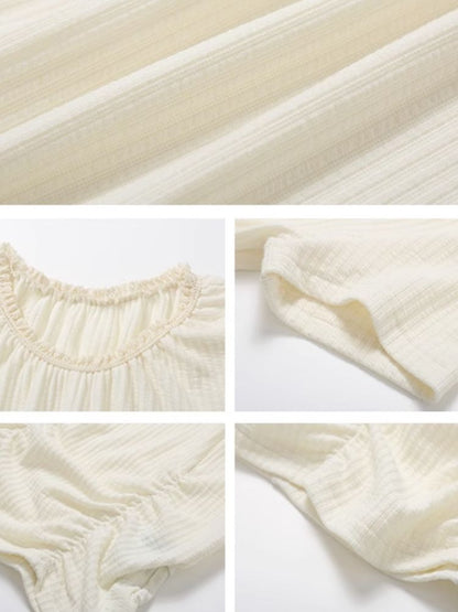 Round Lace Neck Jacquard Pleated Short Sleeve T-Shirt【s0000008850】