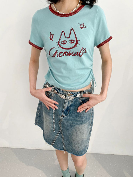 Vintage Color Clash Stretch Lace Short Sleeve Tee【s0000008858】