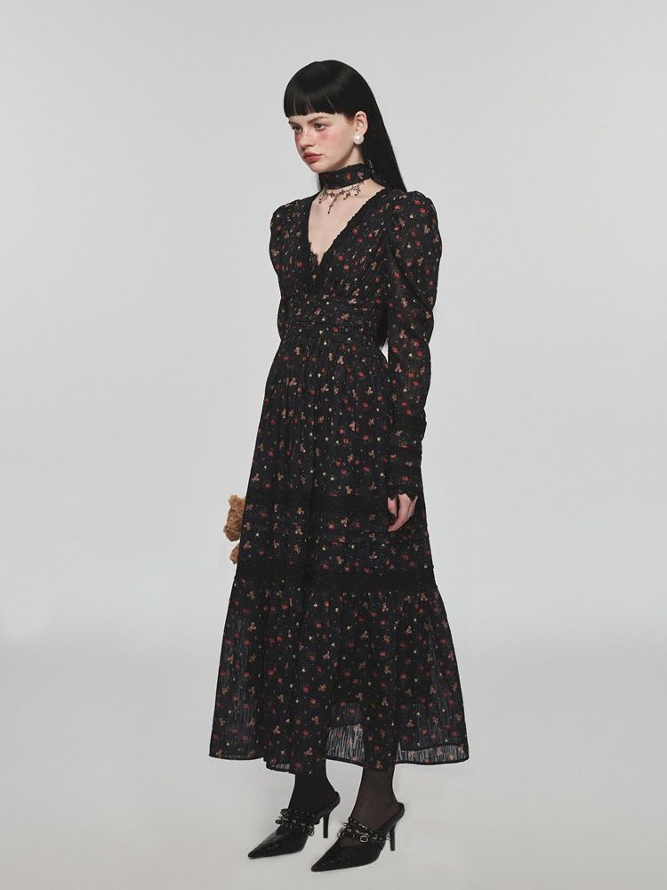 Retro bear floral lace waist long V-neck dresses【s0000004741】