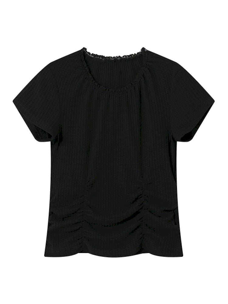 Round Lace Neck Jacquard Pleated Short Sleeve T-Shirt【s0000008850】