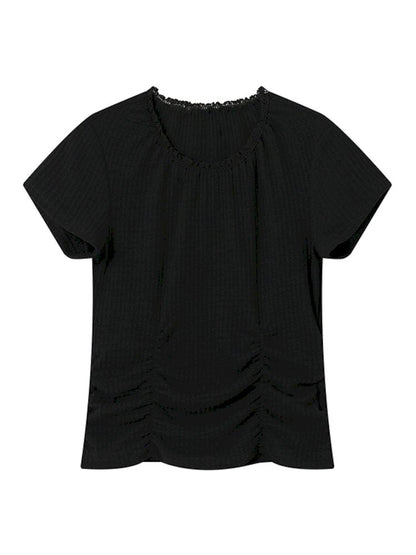 Round Lace Neck Jacquard Pleated Short Sleeve T-Shirt【s0000008850】