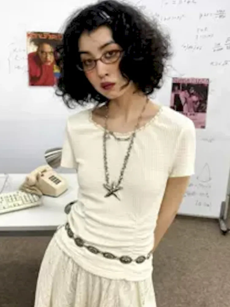 Round Lace Neck Jacquard Pleated Short Sleeve T-Shirt【s0000008850】