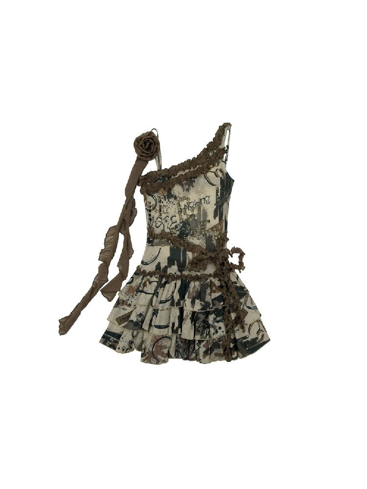 Punk Patchwork Slung Halter Backless Printed Puffy Cake Dress【s0000009386】