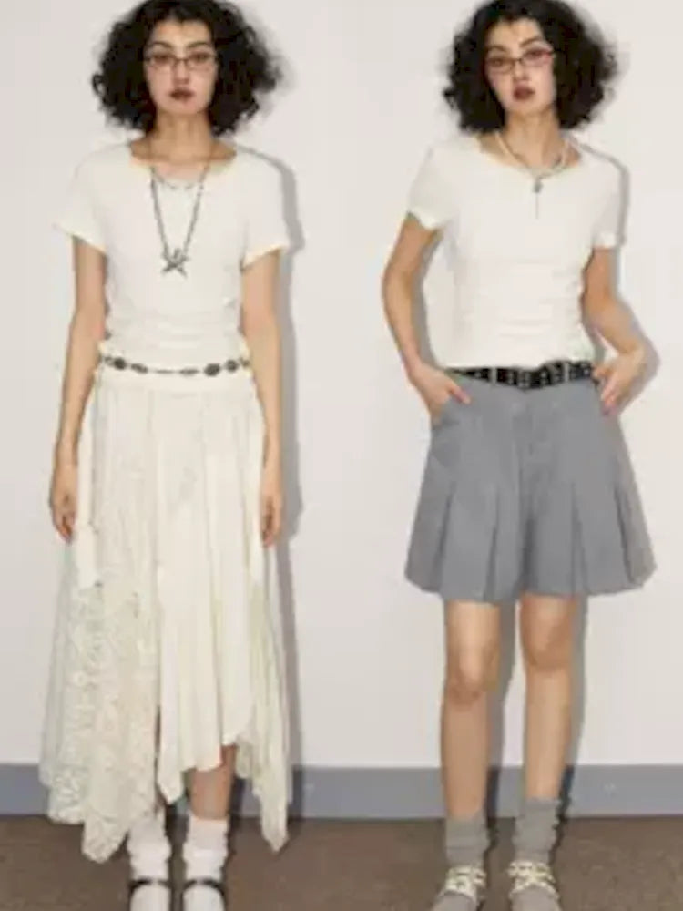 Round Lace Neck Jacquard Pleated Short Sleeve T-Shirt【s0000008850】