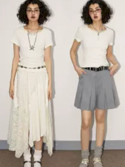 Round Lace Neck Jacquard Pleated Short Sleeve T-Shirt【s0000008850】